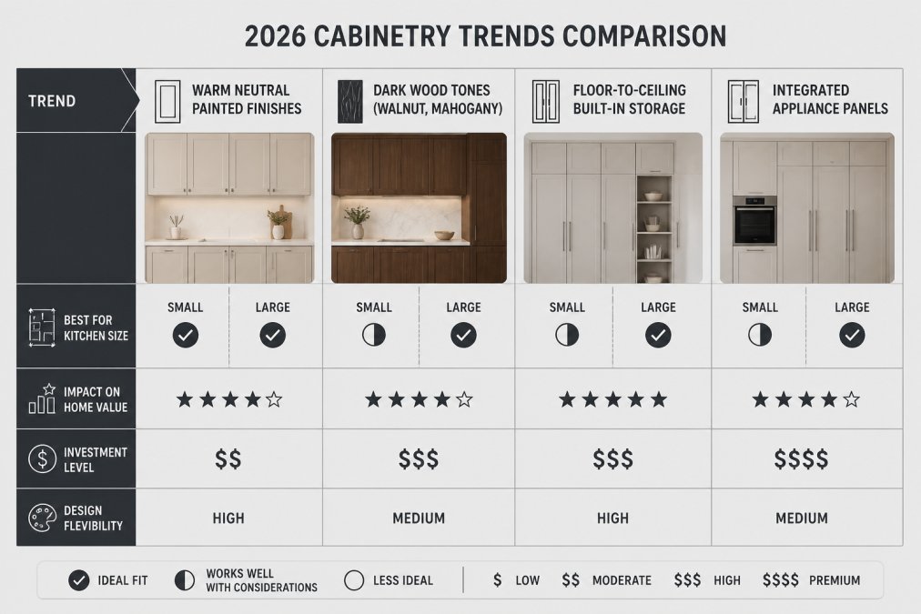 Comparison matrix of 2026 cabinetry trends: warm neutral painted finishes, dark wood tones like walnut and mahogany, floor-to-ceiling built-in storage, and integrated appliance panels, showing which suit small kitchens vs large kitchens