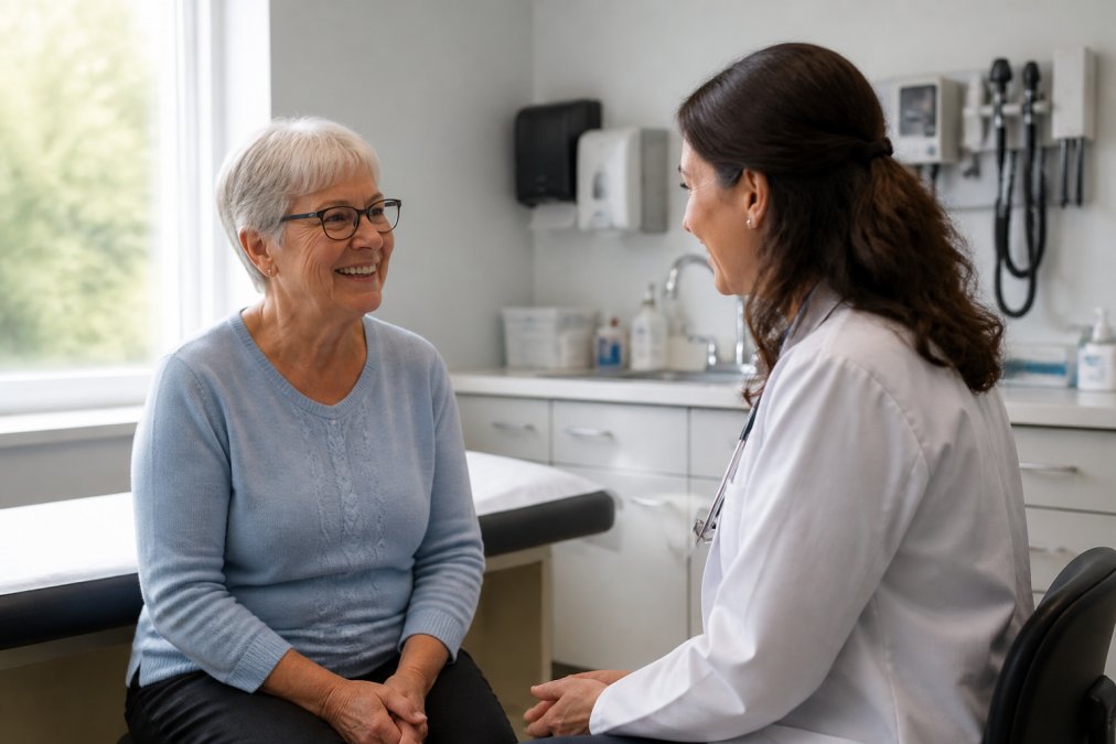 A senior woman smiling while talking with her doctor in a bright, modern examination room, natural daylight through the window