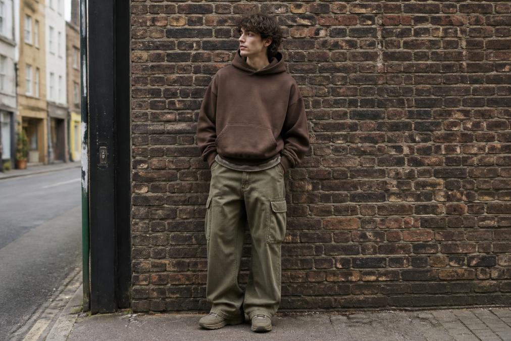 Young man wearing oversized brown hoodie and washed olive cargo pants, standing in urban street setting against brick wall, demonstrating monochromatic tonal dressing with neutral earth-tone palette, natural daylight