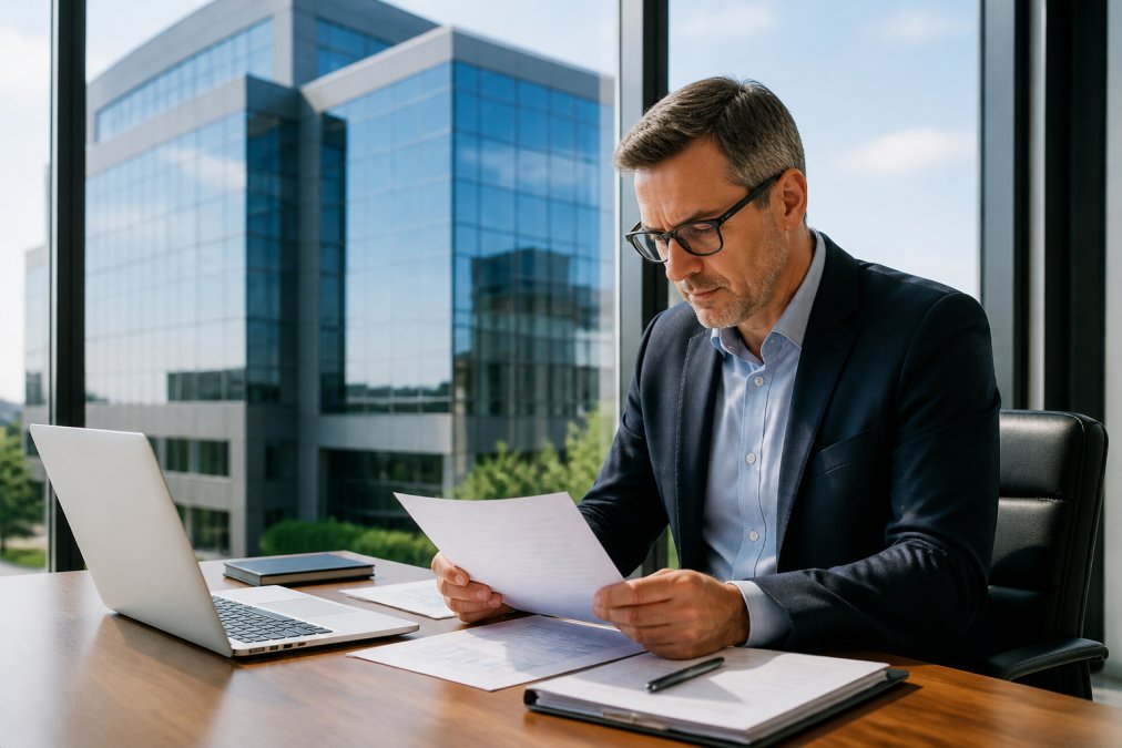 A commercial real estate investor reviewing financial documents on a laptop while a modern office building is visible through the window behind them, natural daylight
