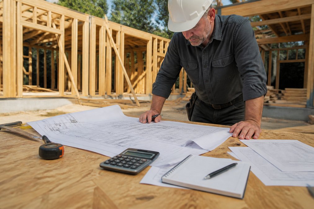 General contractor in hard hat reviewing construction blueprints and plans on an active jobsite with wood framing visible in the background, natural daylight