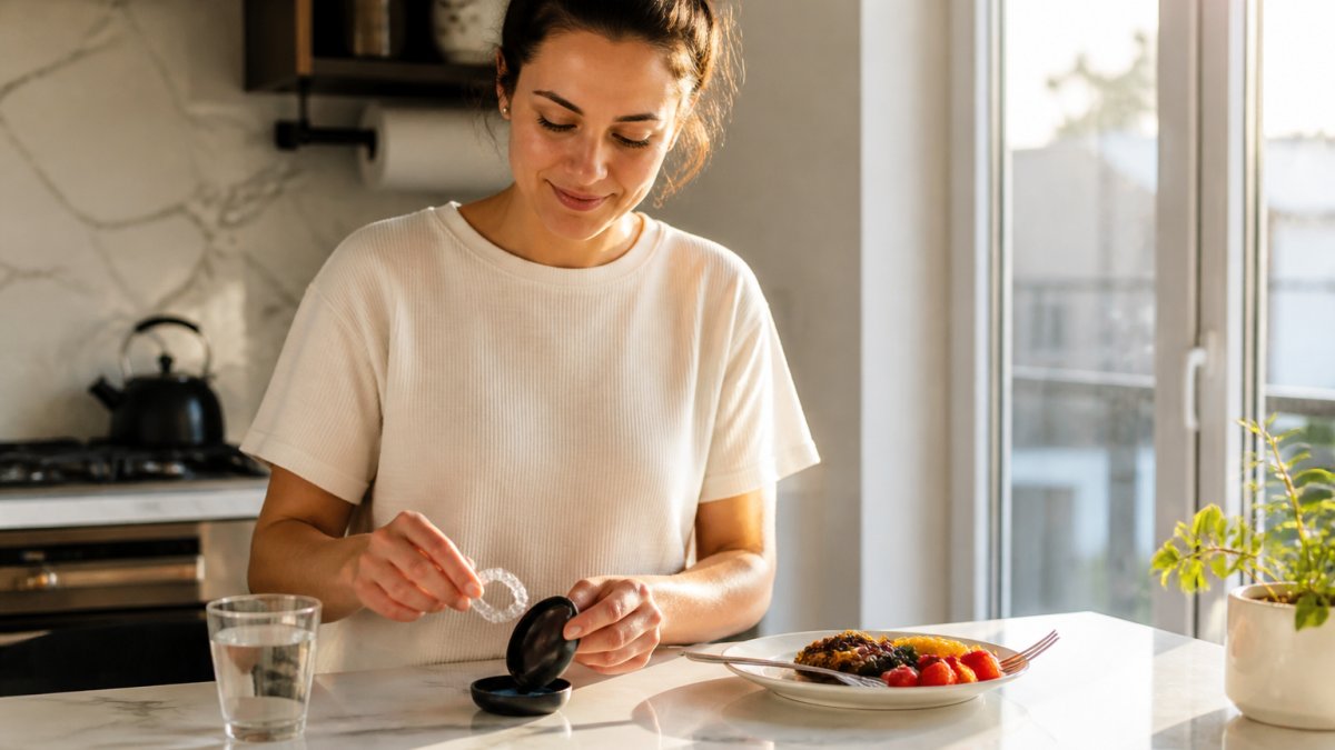 A person in a bright kitchen placing their clear aligner tray into a small case beside a breakfast plate, with a glass of water on the counter and morning light through the window