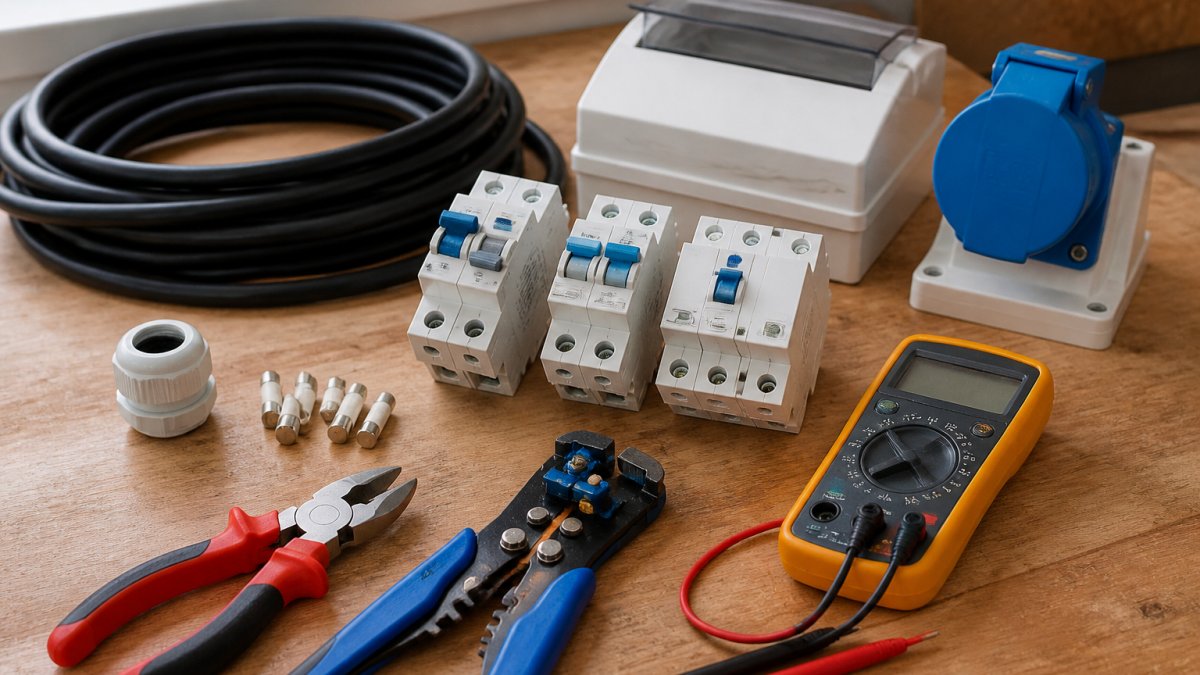 Nahaufnahme einer Werkbank mit organisierten Elektromaterialien: Stromkabel (H07RN-F), Sicherungen, Leitungsschutzschalter, FI-Schalter, CEE-Steckdose und Werkzeuge wie Zange, Abisolierzange und Multimeter, bereit zur Installation