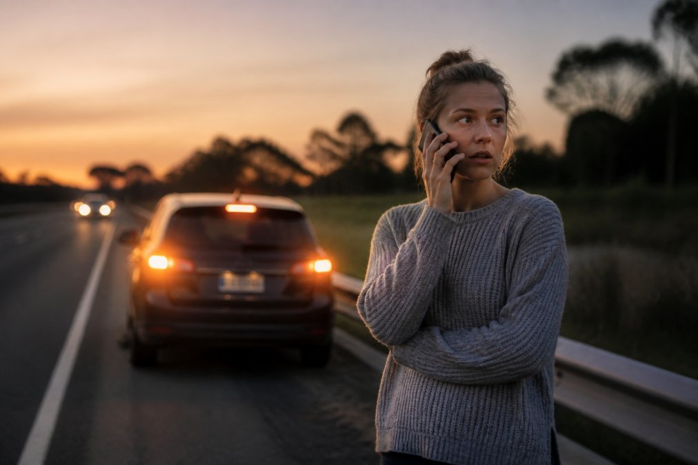 A person standing safely on the side of a road at dusk, talking on a mobile phone, with a car visible behind them with hazard lights on