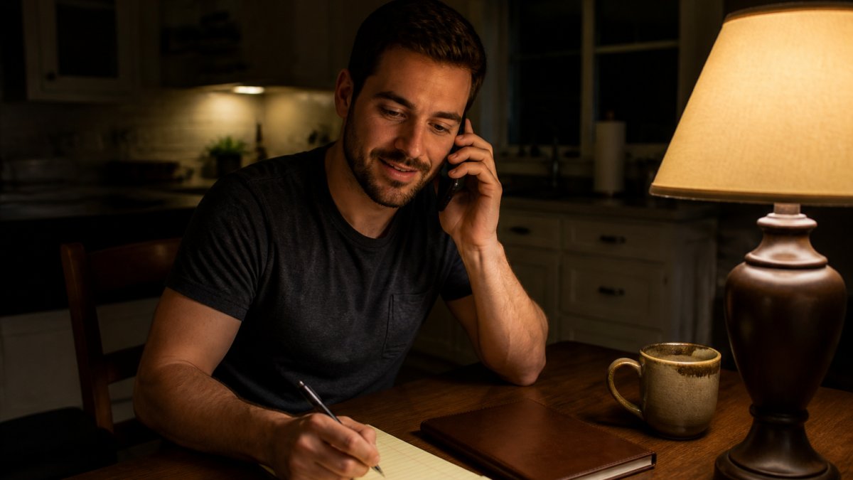 A person sitting at a kitchen table at night, phone in hand, looking relieved while speaking with someone on the line, warm lamp light, notepad and pen nearby