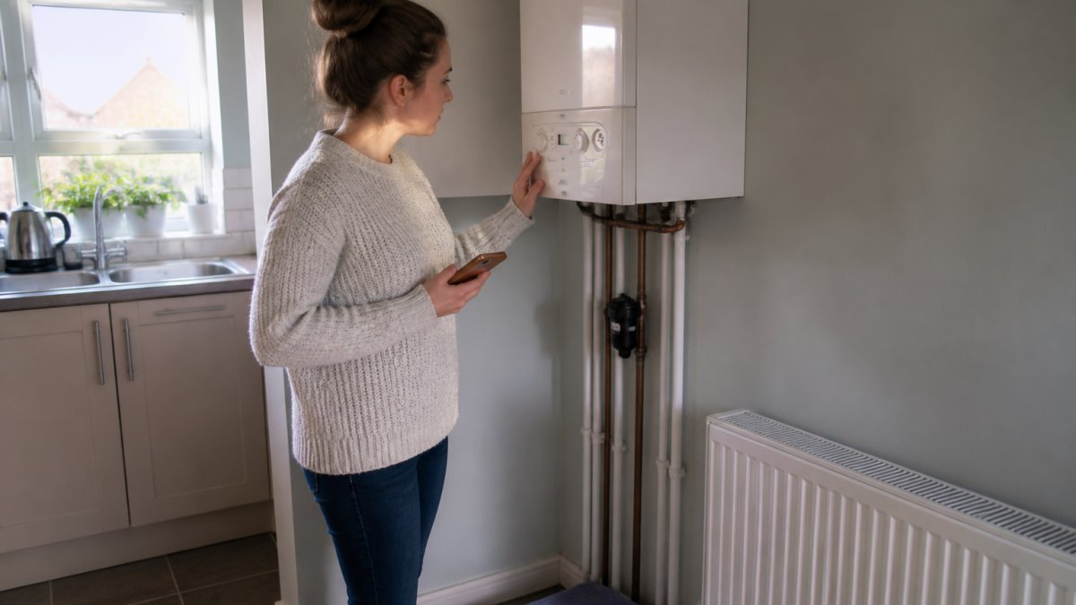 Homeowner checking a boiler in a cold kitchen while waiting for 24 hour boiler repair services
