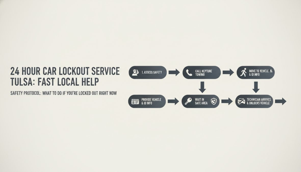 Flowchart showing lockout response steps: Assess safety → Move to safe location if needed → Call Neptune Towing with location → Provide vehicle and ID information → Wait in safe area → Technician arrives and unlocks vehicle