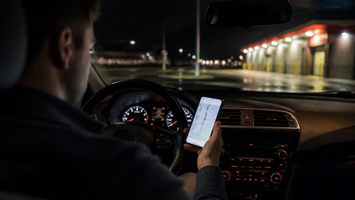 A driver sitting in a parked car at night, looking at a smartphone map showing car wash locations nearby, illuminated dashboard and phone screen lighting the interior