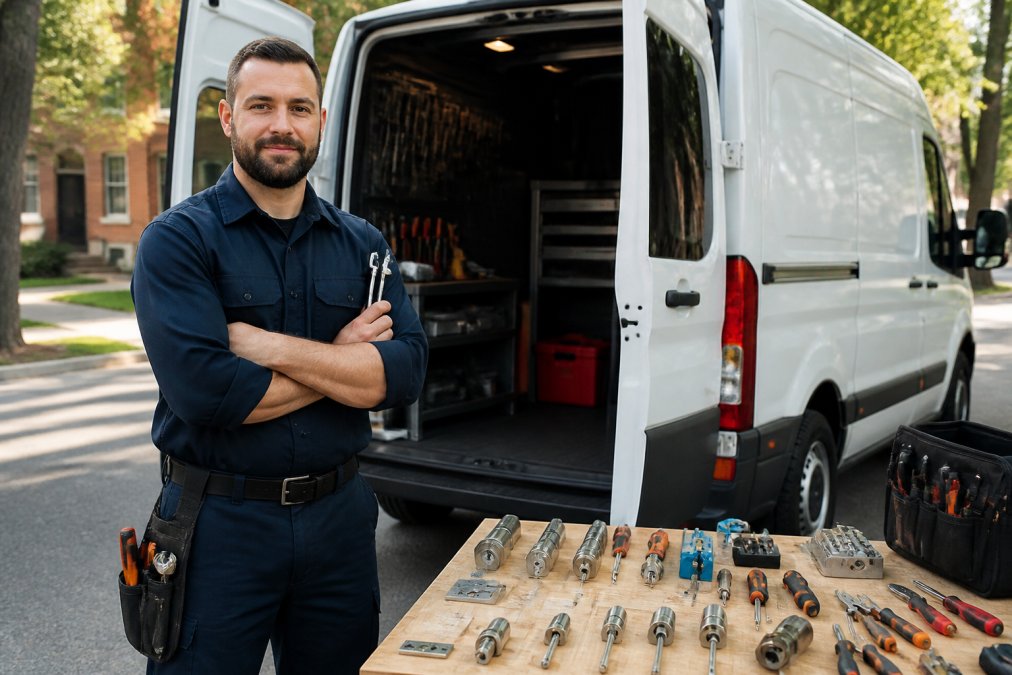 Uniformed technician with professional tools standing by a service van to ensure emergency locksmith availability