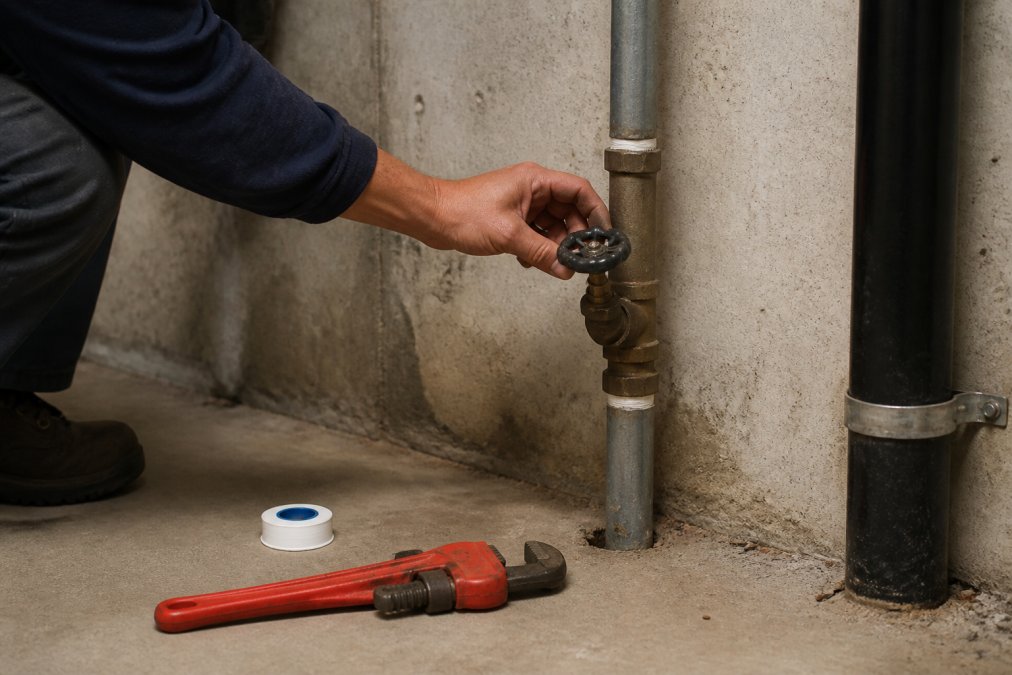 Homeowner's hand locating and turning the main water shut-off valve in a basement, with concrete walls and pipes visible in natural basement lighting
