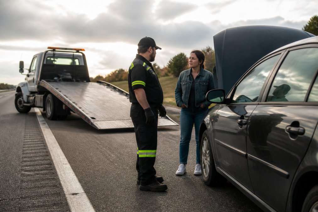 Professional tow truck with flatbed arriving at disabled vehicle scene on highway, tow operator in uniform assisting stranded driver, natural daylight with clear road markings visible