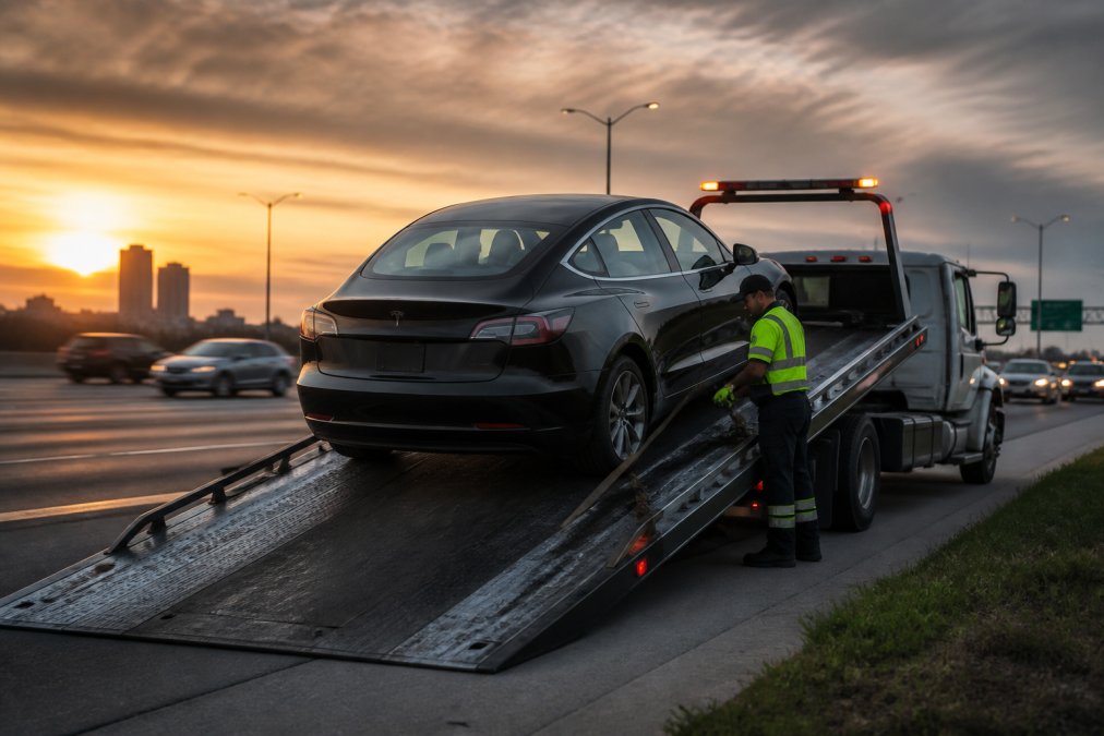 Tesla electric vehicle being carefully loaded onto flatbed tow truck using proper ramp and securing equipment, professional tow operator in reflective gear managing the process, modern highway setting