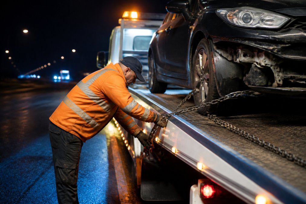 Tow truck operator securing a damaged vehicle for transport using professional equipment and chains, with safety lighting visible during an evening roadside recovery operation