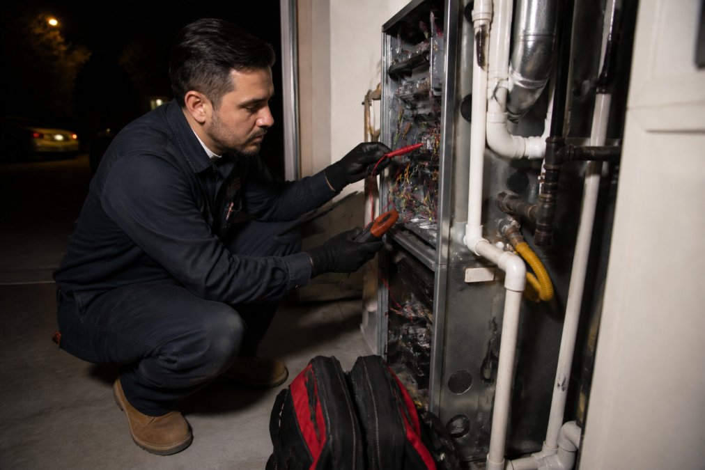 A certified HVAC technician in uniform kneeling beside a residential furnace, using a multimeter to test electrical components in a dimly lit garage at night