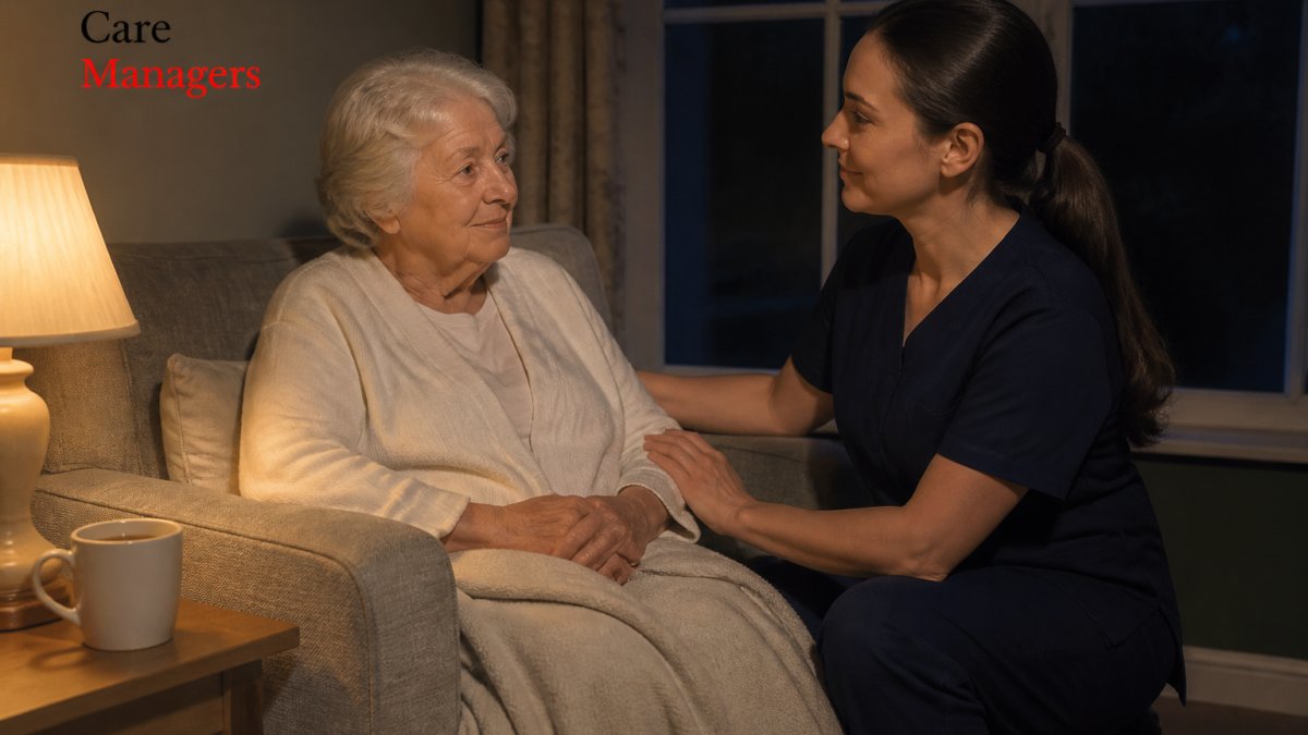 A professional carer sitting beside an older adult in a softly lit living room at night, both looking calm and reassured, with a warm lamp and a mug of tea on a side table