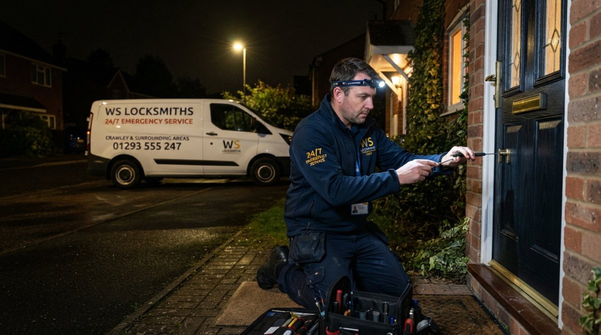 Professional locksmith in uniform using specialist tools to open a residential door lock, with service van visible in background at night