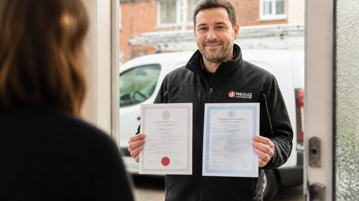 Professional locksmith in uniform holding certification documents and insurance credentials at a customer's doorway, demonstrating credentials with confident posture and proper identification