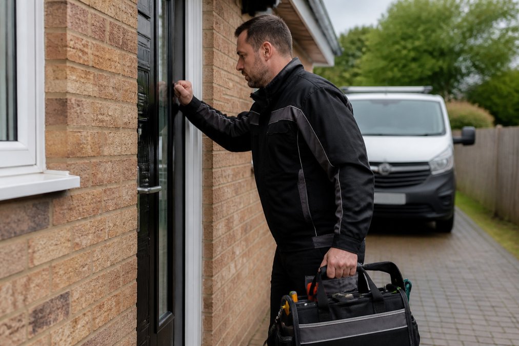 Professional locksmith in branded uniform arriving at residential front door with toolkit during emergency call-out, showing rapid response to property access issue