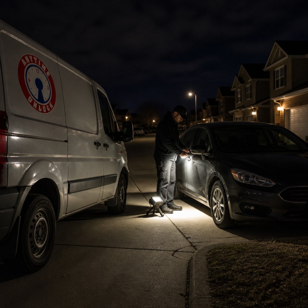 A mobile locksmith service technician using a work light to help a driver parked on a residential street at night.