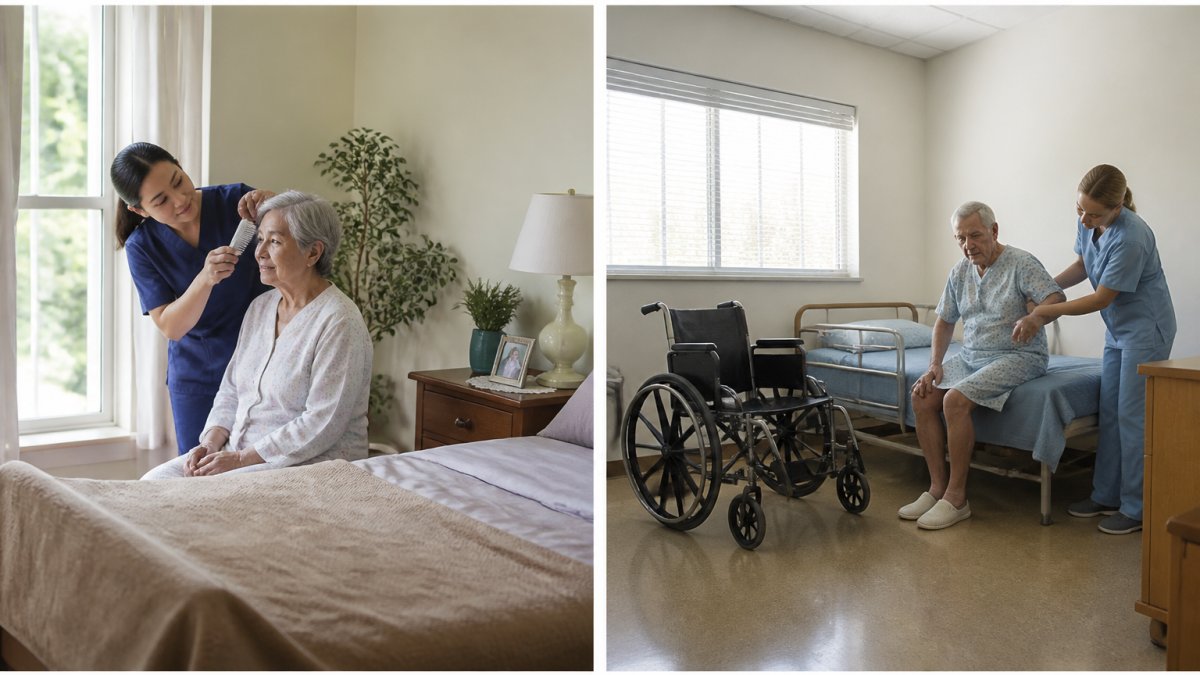 Professional caregiver assisting elderly resident with morning grooming routine in bright, comfortable home-like bedroom with natural light streaming through windows