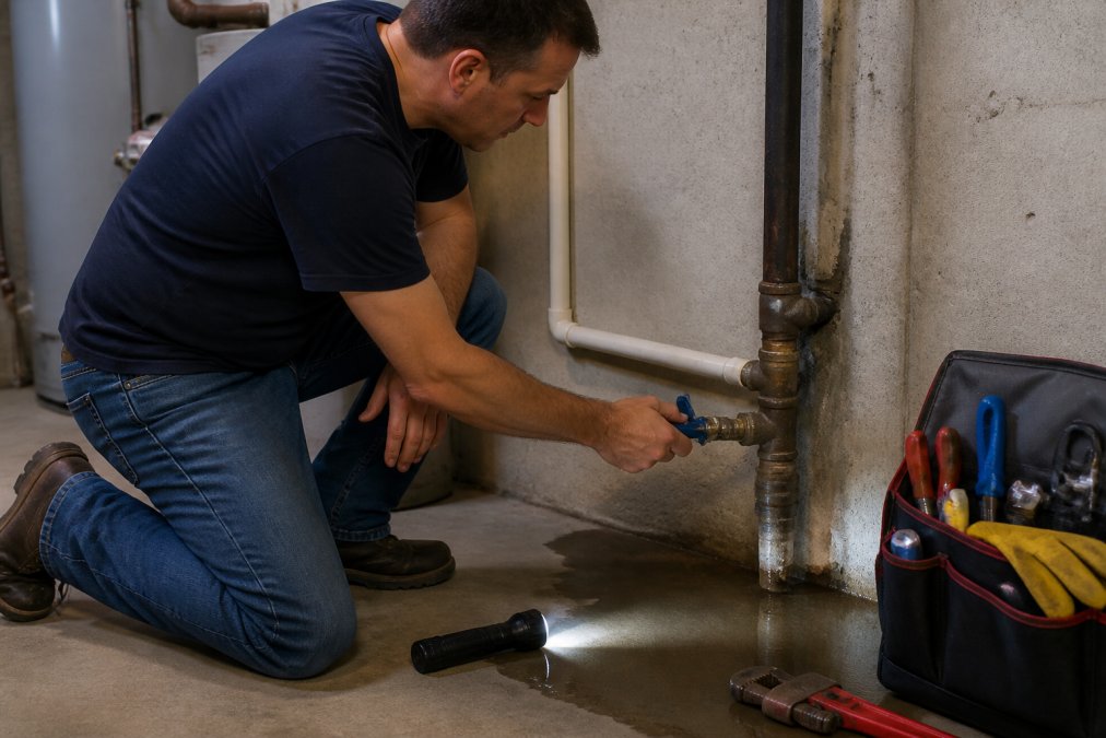 Homeowner turning a main water shut-off valve before a 24 hour plumber arrives to fix a basement leak