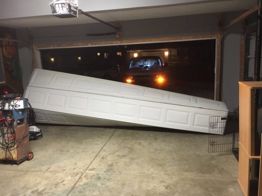 Garage door off truck at night