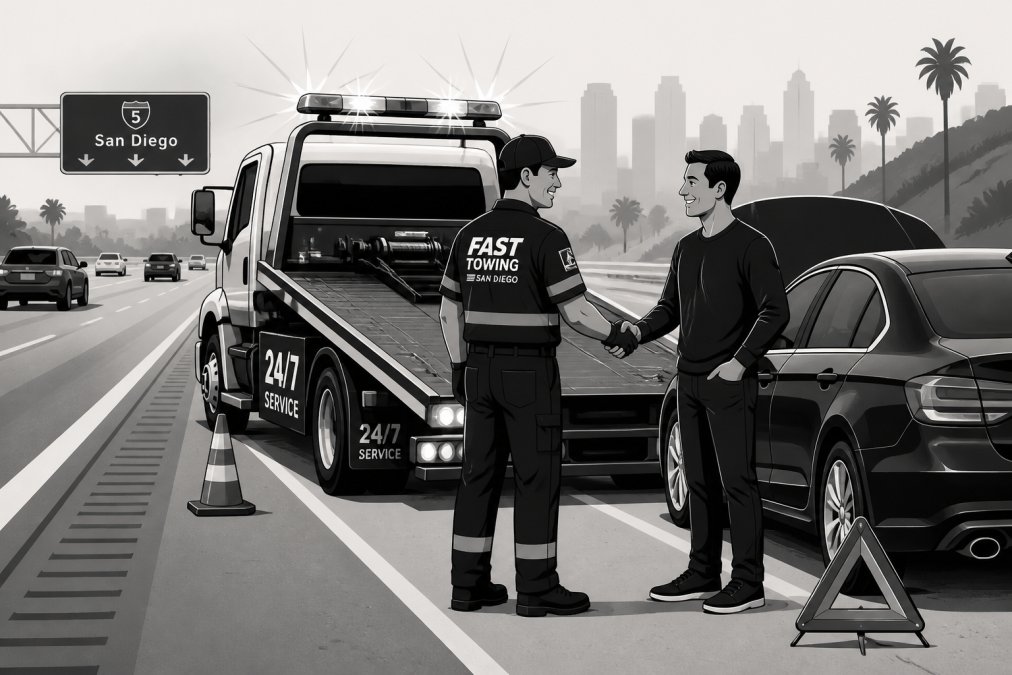 Professional tow truck driver in uniform assisting a stranded motorist on the side of a busy highway, showing friendly interaction and professional service with hazard lights flashing
