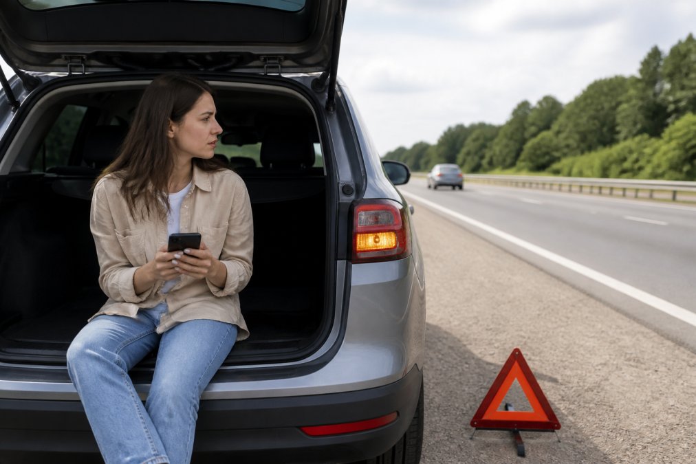 Person sitting safely in a disabled vehicle pulled to the shoulder of a highway during daytime, with hazard lights flashing and emergency flashers activated