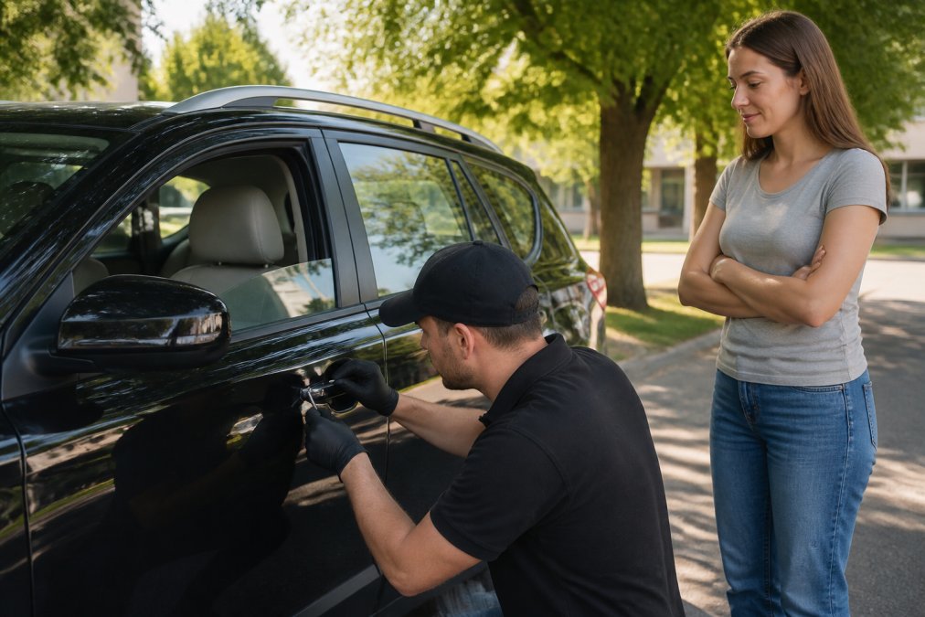 Professional mobile locksmith working on a car door with specialized tools, car owner standing nearby looking relieved in daylight