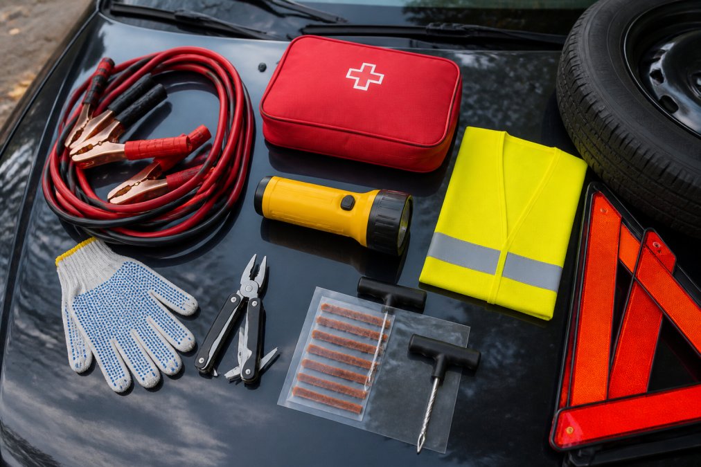 Overhead view of a well-organized emergency kit spread on a car trunk, showing jumper cables coiled neatly, a bright flashlight, a first aid kit in red, a spare tire visible at the edge, reflective safety triangles, a multi-tool, tire repair patches, and a high-visibility safety vest arranged in an orderly display