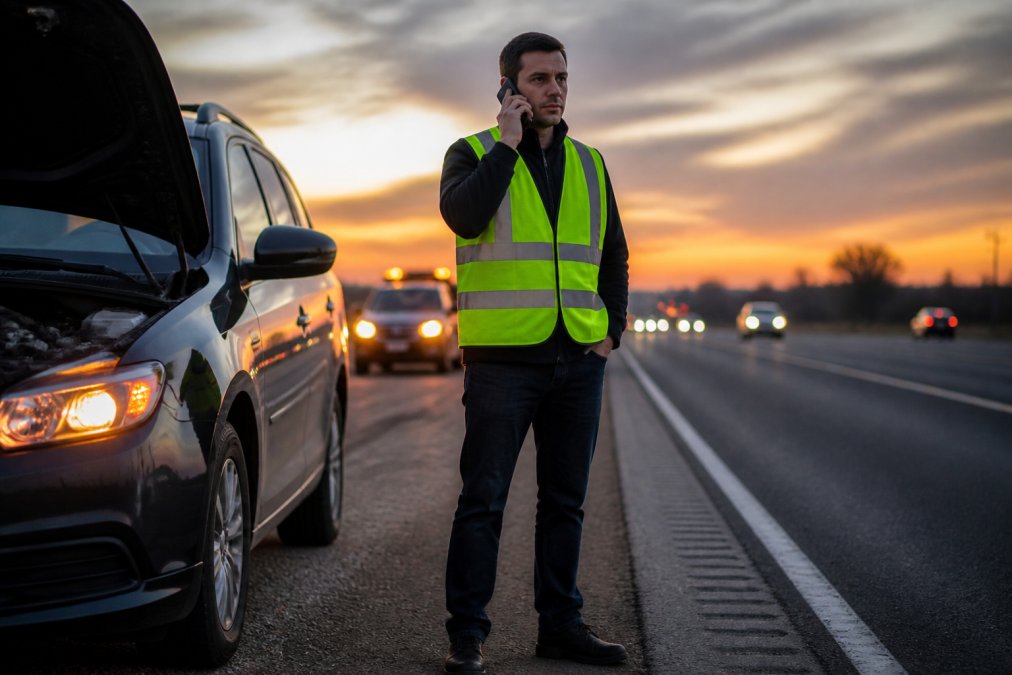Driver in a high-visibility safety vest standing outside a disabled vehicle on a highway shoulder at dusk, with hazard lights flashing on the vehicle behind them, holding a phone, positioned safely away from traffic