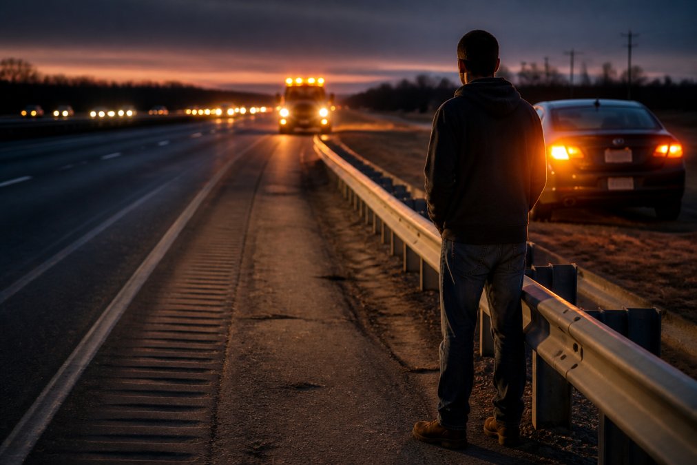 Stranded driver waiting behind a guardrail for roadside assistance Tulsa