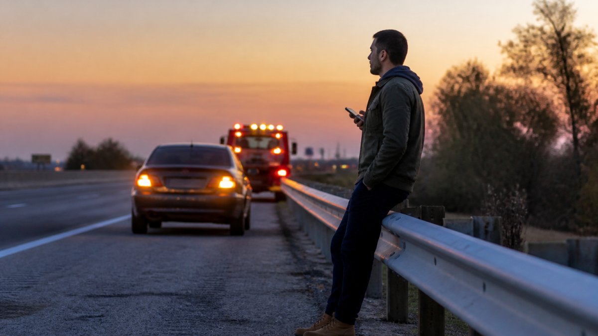 A stranded driver standing safely on the shoulder behind a guardrail at dusk, hazard lights glowing on the car behind them, phone in hand, waiting for a tow truck