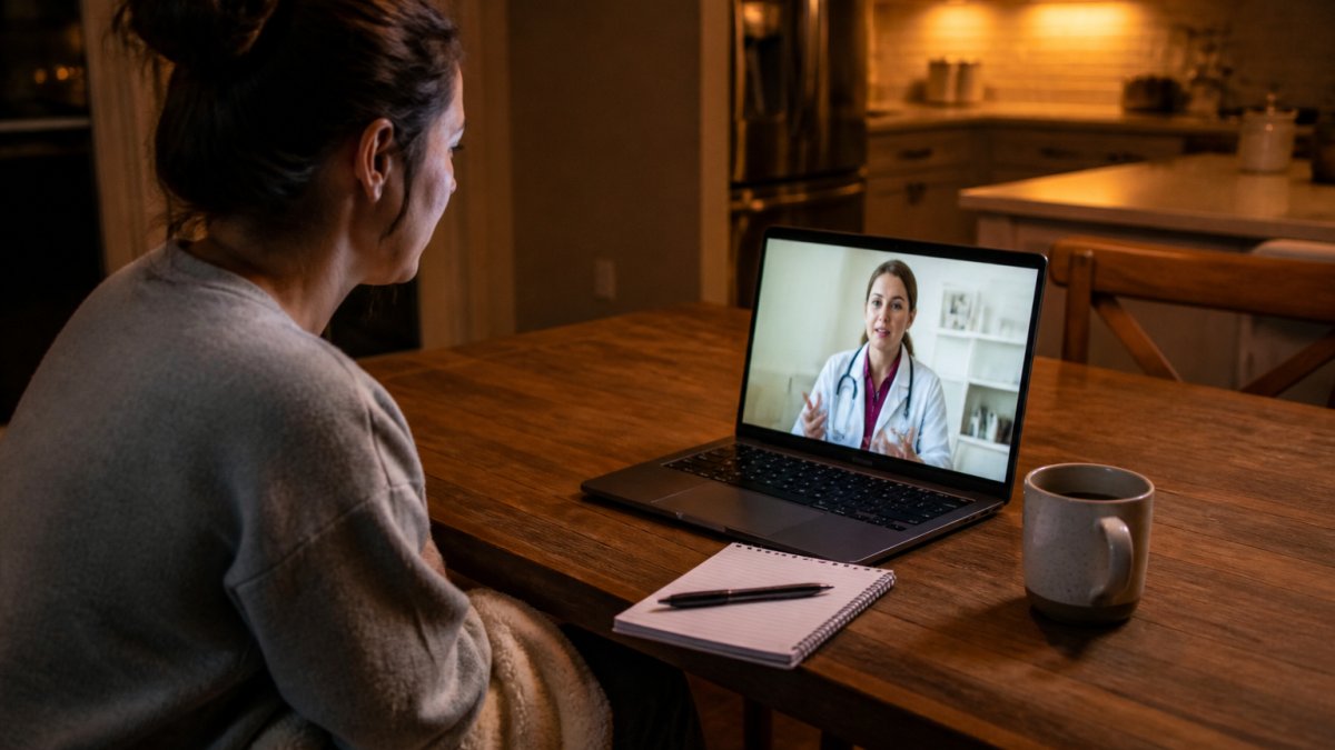 Infographic process flow of a patient using virtual urgent care via laptop during a late night consultation