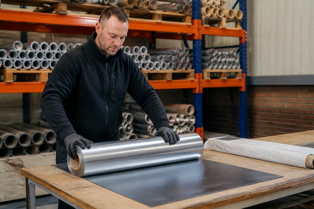 Een medewerker van een bouwmaterialenmagazijn rolt een rol bladlood uit op een werkbank, klaar om te worden verpakt voor verzending. Op de achtergrond zijn stellingen met andere loodproducten zichtbaar.