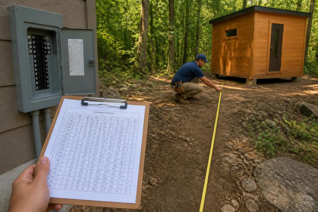 Electrician measuring wire distance for 240V sauna installation using a voltage drop calculation chart