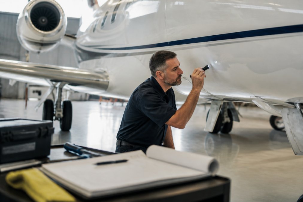 Professional aircraft maintenance technician performing detailed pre-flight inspection on private jet fuselage in well-lit hangar, with diagnostic equipment and maintenance logs visible on workbench