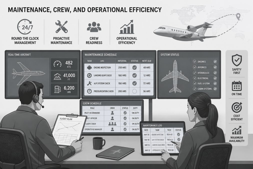 Flight crew and operations manager reviewing detailed flight plans and maintenance logs at desk with multiple digital displays showing real-time aircraft data and maintenance schedules