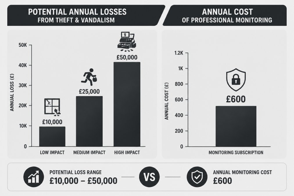 Bar chart comparing potential annual losses from theft and vandalism versus the annual cost of a professional monitoring subscription for a small business