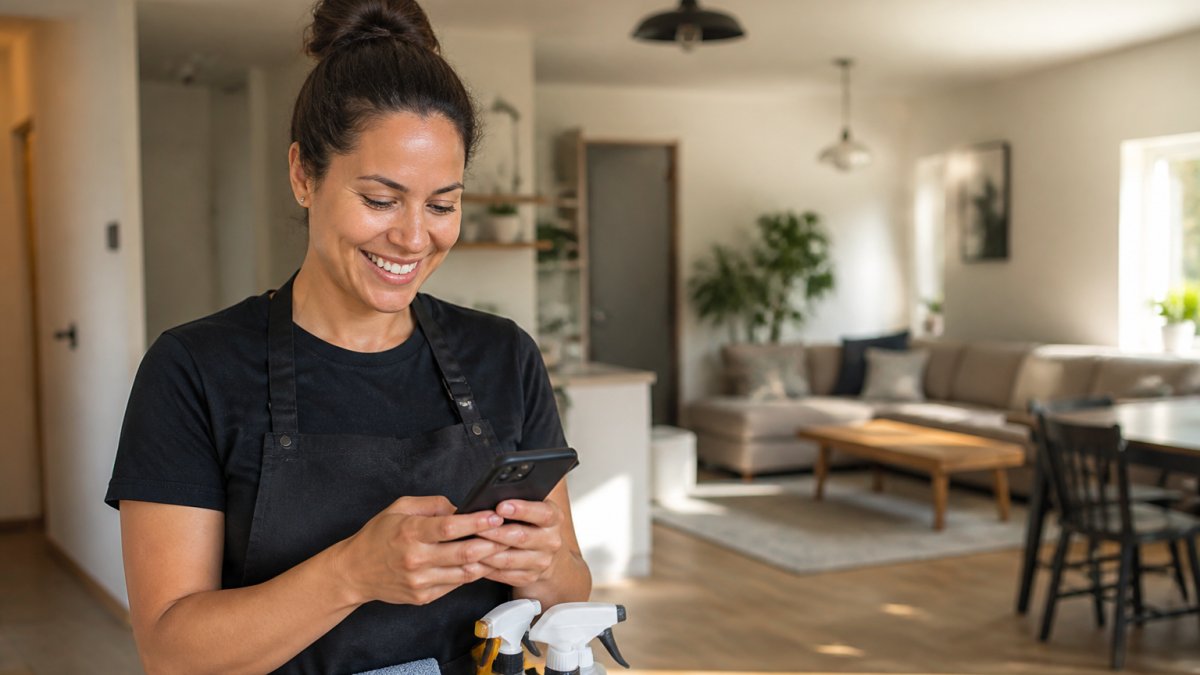 Cleaning business owner smiling at a phone using automated booking cleaning services in a tidy home
