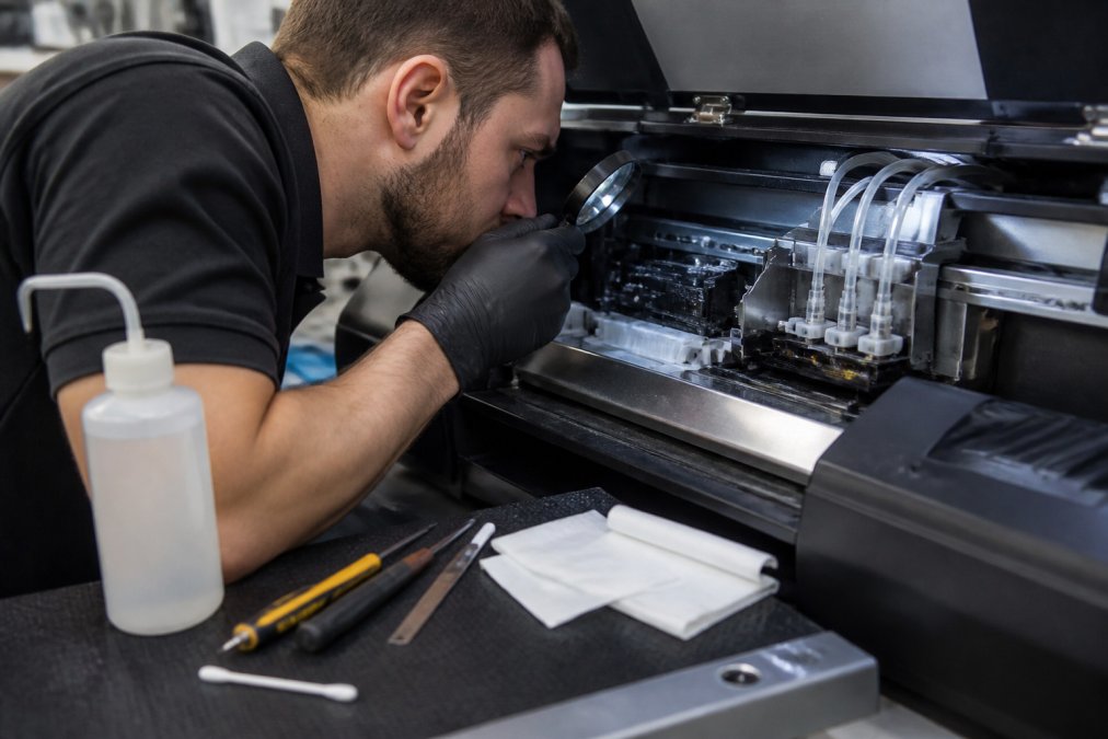 Print shop technician examining a DTF printer's print head under magnification, with cleaning supplies and diagnostic tools visible on the workbench