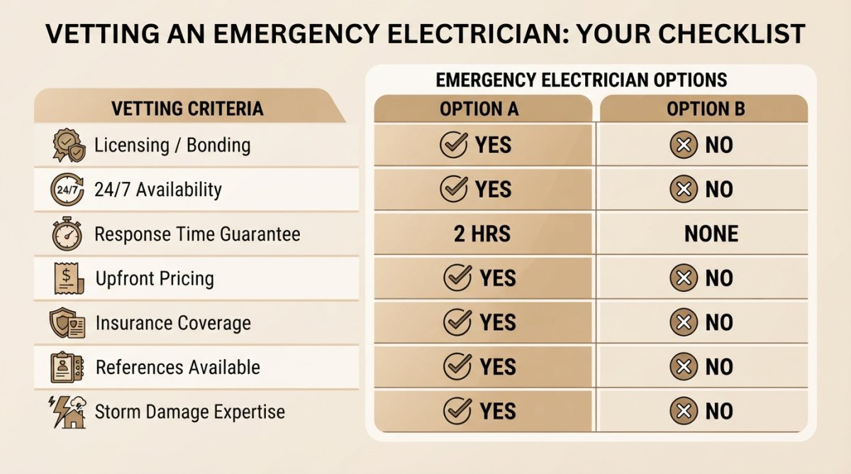 Comparison matrix of key vetting criteria for emergency electrical contractors including licensing, availability, and