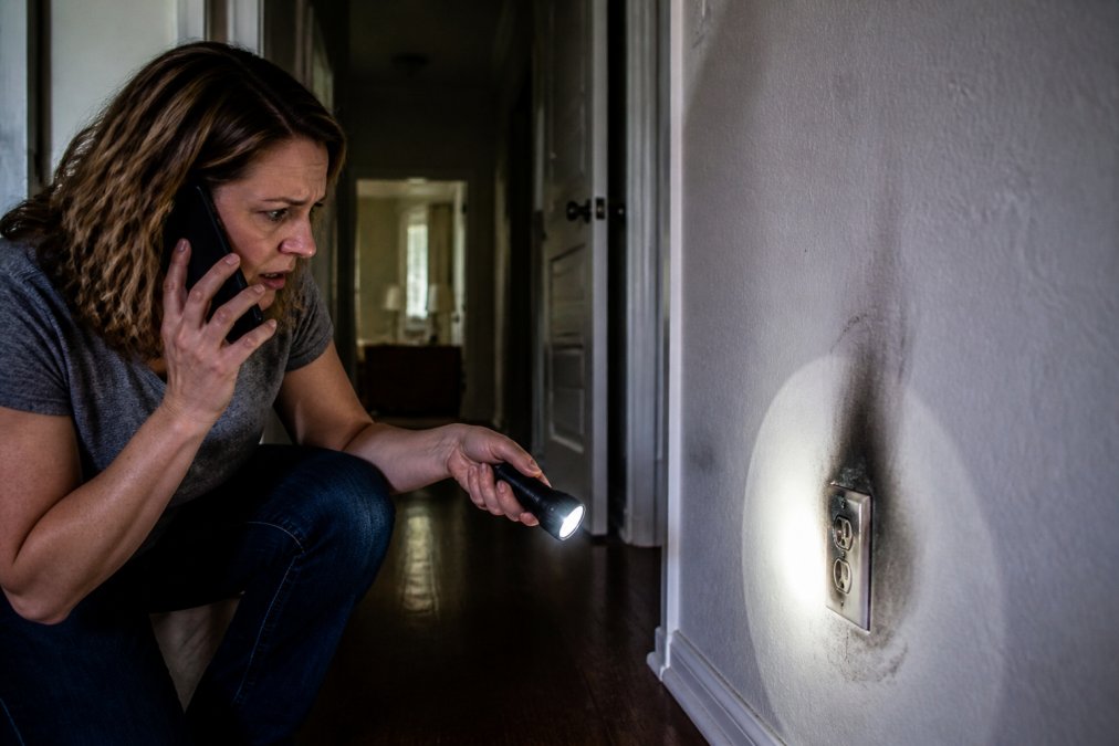 A homeowner in a dimly lit hallway pointing a flashlight at a wall outlet with visible scorch marks, looking concerned, with a phone in the other hand ready to call for help