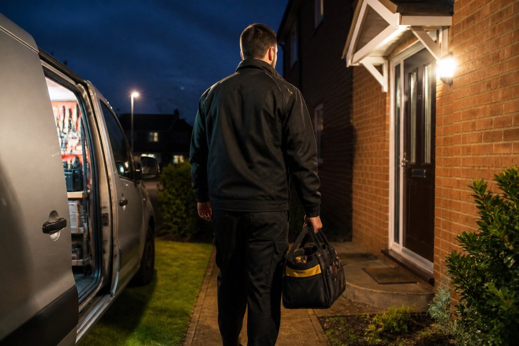 A uniformed locksmith in a branded van arriving at a residential property at night, holding a tool bag and approaching the front door under a porch light