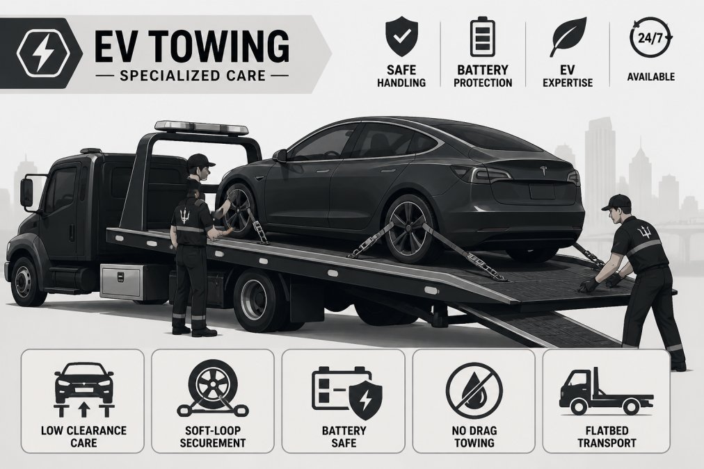A modern Tesla being carefully loaded onto a flatbed tow truck using proper securement equipment, showing professional technicians guiding the vehicle with precision