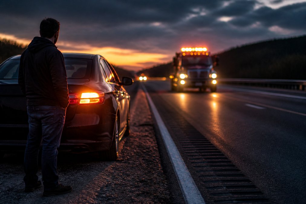 A driver safely standing outside their disabled vehicle on the shoulder of a highway at dusk, with hazard lights on and a tow truck approaching in the distance
