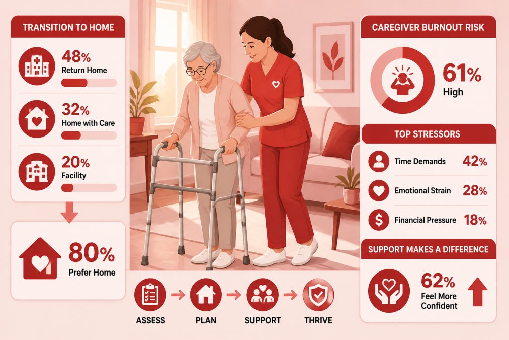 Compassionate caregiver assisting an elderly person with mobility at home, showing hands-on support in a warm living room setting with natural afternoon lighting