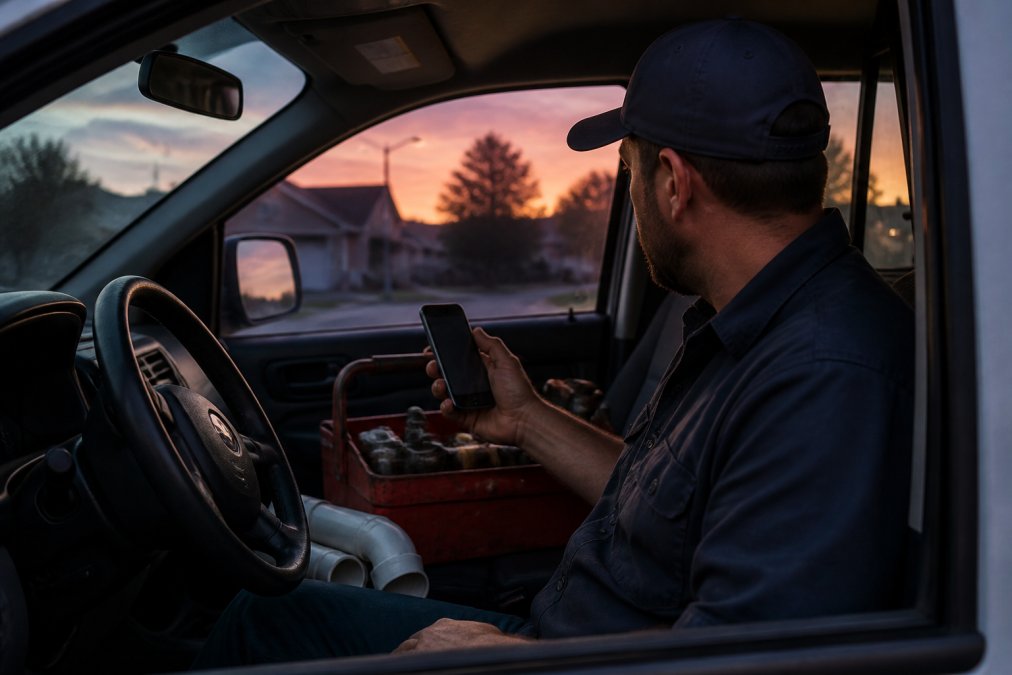 A plumber in a work truck at dusk, looking at a smartphone displaying an appointment confirmation notification, with a toolbox and pipes visible in the passenger seat