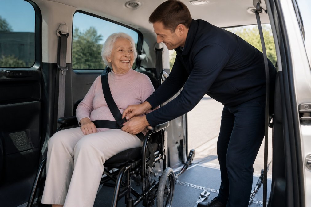 Een oudere vrouw zit comfortabel in een rolstoel in een rolstoeltoegankelijk taxivoertuig. Een vriendelijke chauffeur in uniform helpt haar met de veiligheidsgordel. Het interieur van de taxi is schoon en ruim, met zichtbare bevestigingspunten voor de rolstoel. Het daglicht valt naar binnen, wat een warme en veilige sfeer creëert.