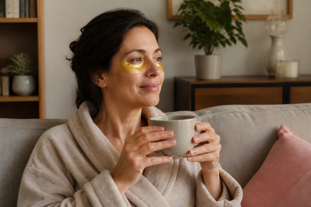 A woman in her 40s relaxing on a couch with gold under-eye patches applied, holding a cup of tea, soft natural light in a cozy living room